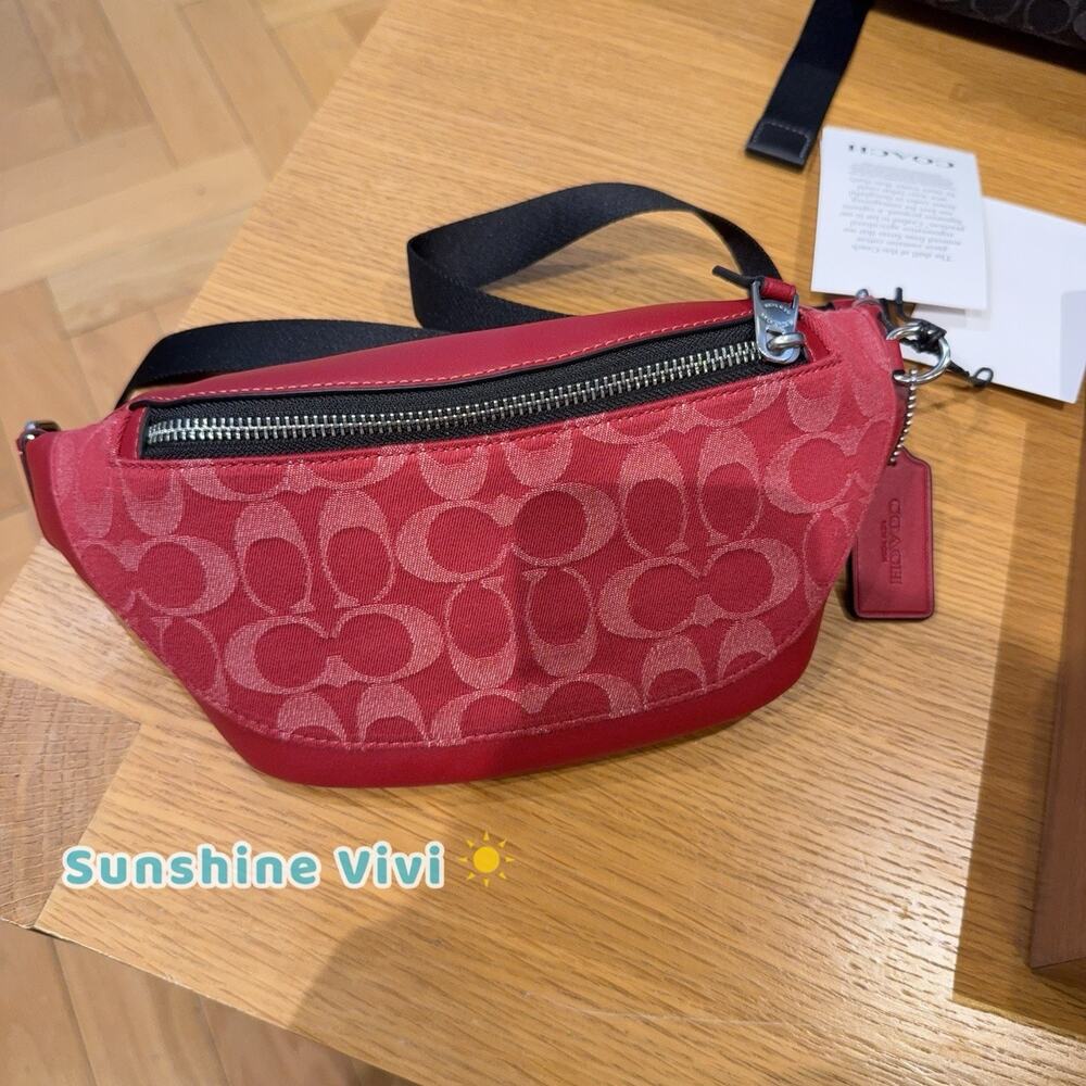 NWT Coach Warren Mini Signature Denim & Leather Belt Bag CAJ43 Ruby Red